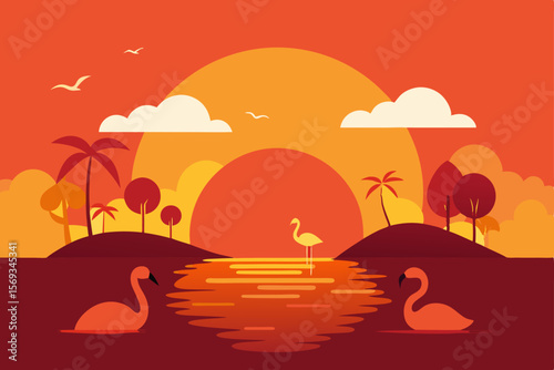 Vector illustration of an ancient city with a temple at sunset, a tropical island landscape with palm trees, and a silhouette of birds flying over the ocean