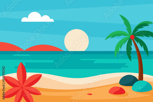 Tropical beach paradise with swaying palm trees, an azure sea, and sun-drenched sand, perfect for a summer holiday escape