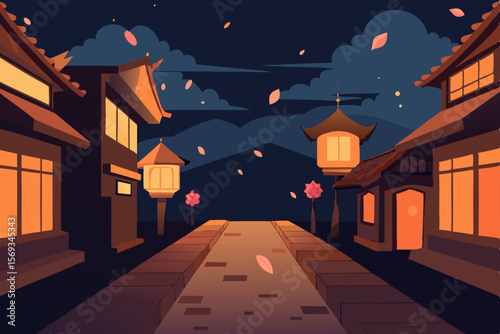 Spooky old town street with dark houses and a haunted castle silhouette under a Halloween moonlit sky