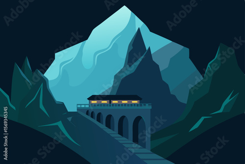 Snow-capped peaks and an alpine road wind through a serene mountain landscape, offering panoramic views under a vast sky
