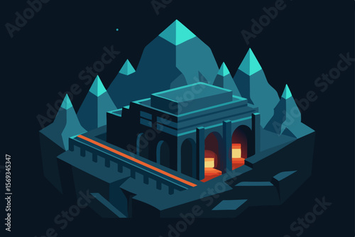 Moonlit castle illustration in a winter village at night with a spooky tree silhouette and glowing windows