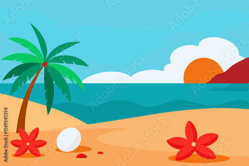 Tropical beach paradise with swaying palm trees, starfish, and summer sun