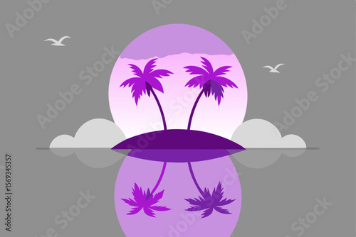 Illustration of a tropical flower in a vase by the summer sea, vector design