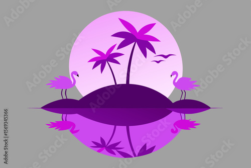 Tropical island vector illustration with palm trees and a vibrant sunset over the ocean, perfect for summer beach travel and vacation designs