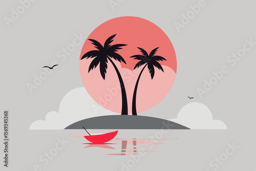 Tropical island paradise with swaying palm trees, a sandy beach, and clear blue ocean waters under the summer sun