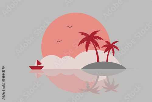 Tropical island vector illustration featuring palm trees, a sandy beach, and a summer sunset over the ocean