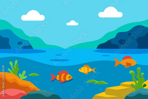 A vibrant vector illustration depicts a tropical island with a detailed coral reef in the clear blue ocean under a summer sky, featuring mountains and beach waves