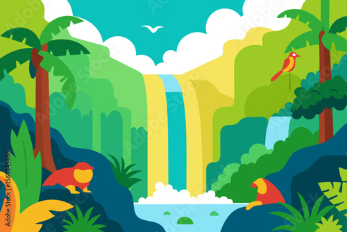 Here's a single sentence to describe a landscape image:

Nature landscape illustration with trees, mountains, and a clear sky, depicting the beauty of spring and summer