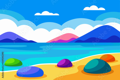 Vector illustration of a tropical summer beach landscape with palm trees, ocean, sand, and blue sky