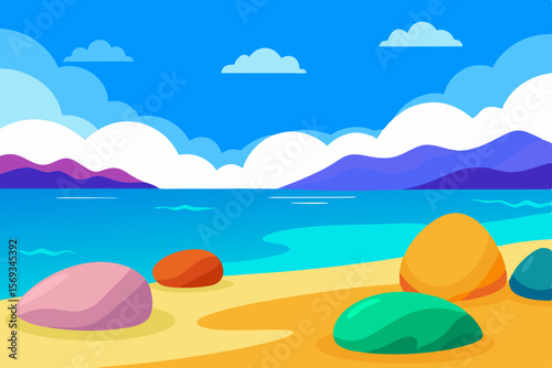 Tropical Summer Beach Vector Background with Sun, Sand, and Ocean Waves