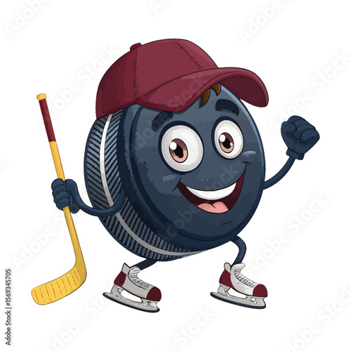 Happy cartoon hockey puck character wearing a baseball cap and ice skates holding a hockey stick