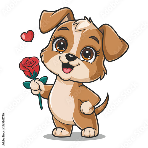 Adorable puppy holding red rose and heart cartoon cute