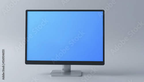 Desktop Monitor with Blank Blue Screen in Minimalist Workspace for Technology and Digital Content Visualization
