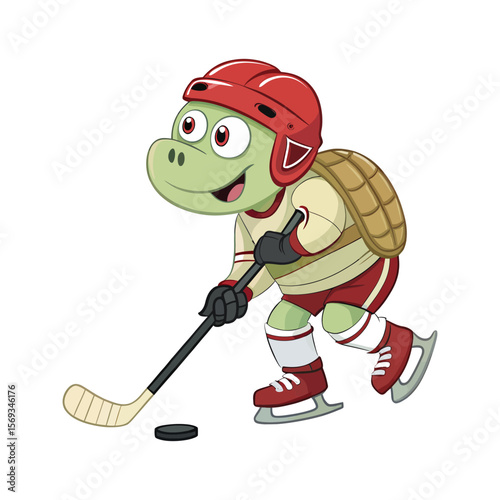 Cartoon turtle playing ice hockey with a stick and puck