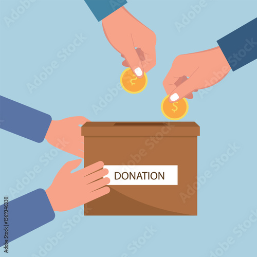 Hand holding donation box collecting money and hand putting coin in the donate box. providing material assistance to socially vulnerable people vector illustration