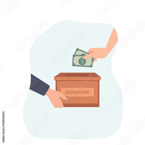 Hand holding donation box collecting money and hand putting paper money  in the donate box. providing material assistance to socially vulnerable people vector illustration
