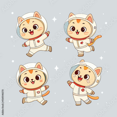 Four cute cartoon cats dressed as astronauts floating in space
