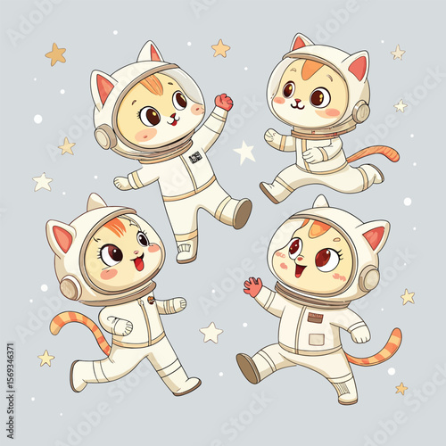 Four cute cartoon cats wearing astronaut suits floating in space with stars