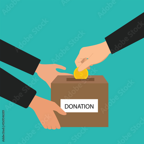 Hand holding donation box collecting money and hand putting coin in the donate box. providing material assistance to socially vulnerable people vector illustration