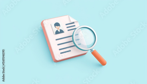 Document with profile picture and magnifying glass on a light blue background representing analysis and review of personal information