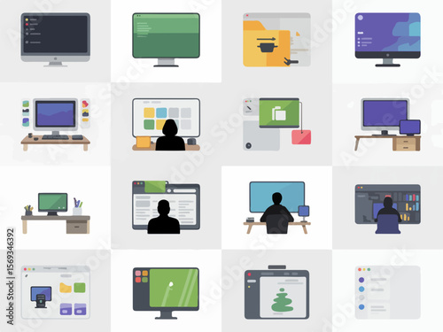 Collection of computer and workspace illustrations featuring a modern flat design silhouette style with various desktop setups and digital interfaces