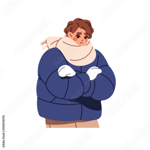 Frozen person in outerwear, mittens, scarf shivers from cold weather. Sad man in warm clothes freezes in winter. Woman in coat shakes from low temperature. Flat isolated vector illustration on white