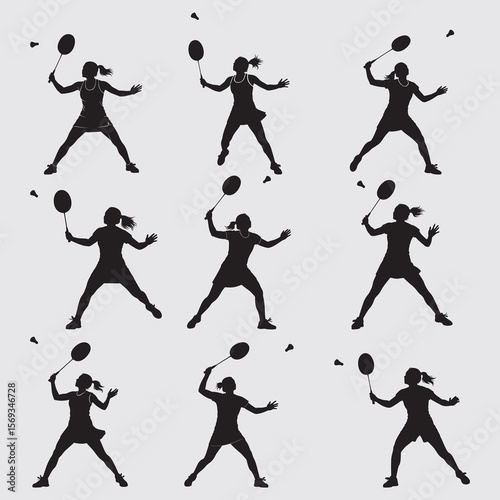 Set of vector silhouettes of female badminton players in a match