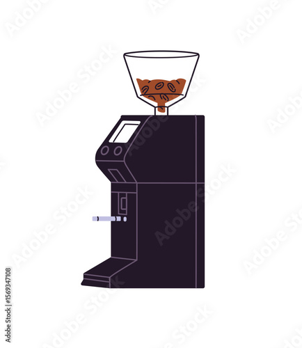 Modern coffee grinder icon. Electric coffe mill machine. Coffeehouse appliance for grinding cofee beans, preparing hot drinks, beverages. Flat isolated vector illustration on white background