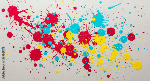 Colorful Paint Splatter Art Background: Red, Blue, and Yellow Abstract Design