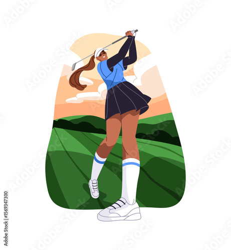 Golf player swings to hit a golfball. Professional golfer in uniform play game on field, lawn. Happy sports girl putts a ball with club to hole. Flat isolated vector illustration on white background