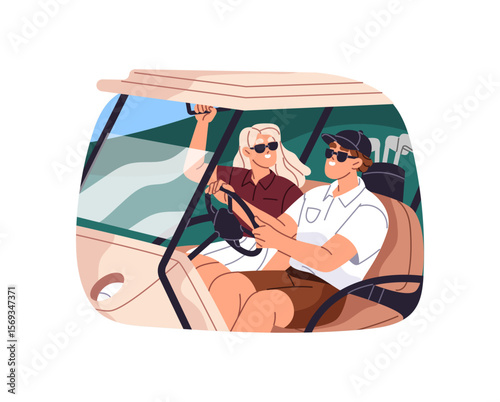 Couple of players drive golf cart together. Golfers carries bag of equipments for play- clubs, balls, putter. People are in car for sport game. Flat isolated vector illustration on white background
