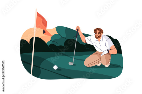 Professional golfer with club looks how to putt golfball. Golf player with putter will hit ball to hole. Person play sports game on lawn, field. Flat isolated vector illustration on white background