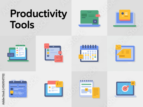 Collection of flat design icons representing productivity tools including laptops tablets and calendars with sticky notes for task management and scheduling silhouette
