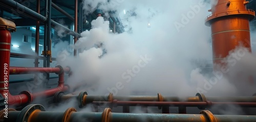 Steam rises from industrial pipes shrouded in fog, highlighting heating systems,  power plant,  process