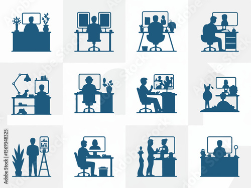 Collection of diverse individuals working at desks with computers in a minimalist blue silhouette style representing modern office and home workspace scenes