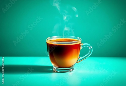 Steaming espresso in a cup, seafoam green background,  seafoam green,  warmth