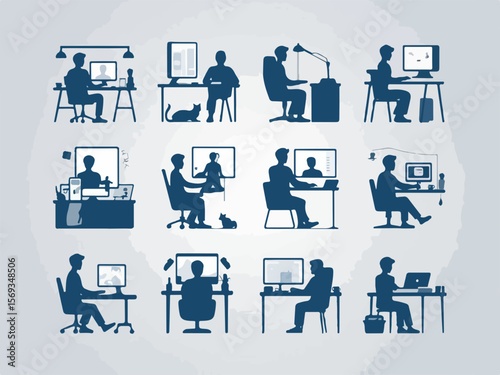 Collection of diverse individuals working at desks with computers in various home and office settings showcasing different postures and activities all rendered in a clean modern silhouette style