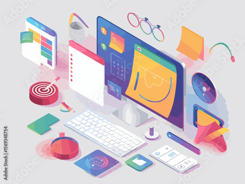 Isometric digital workspace with computer monitor keyboard and office supplies organized for productivity and success silhouette