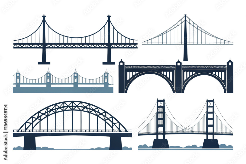 Fototapeta premium Collection of six iconic bridge silhouettes isolated on transparent background