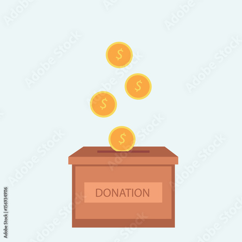 Donation box charity to the poor and needy people. Gold coins pouring into the donation box  Vector illustration