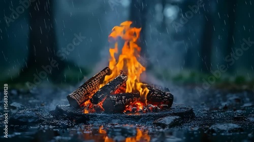Cozy campfire under a makeshift shelter during a rainstorm