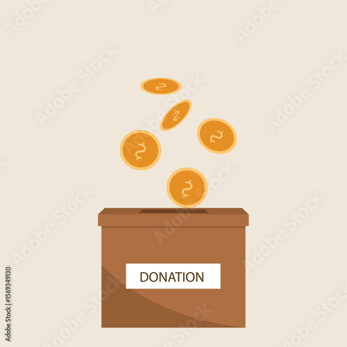 Donation box charity to the poor and needy people. Gold coins pouring into the donation box  Vector illustration