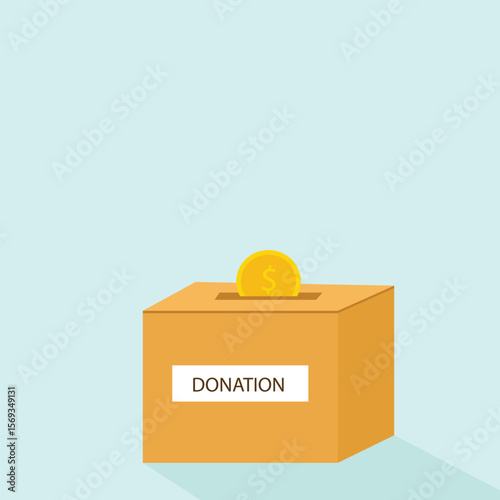 Donation box charity to the poor and needy people. Gold coins pouring into the donation box  Vector illustration