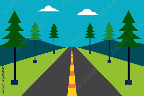 Straight Asphalt Path In A Pine Forest Park Symmetrical Trees