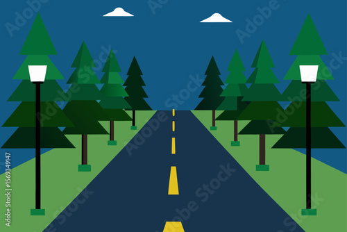 Straight Asphalt Path In A Pine Forest Park Symmetrical Trees