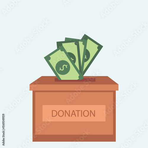Donation box charity to the poor and needy people. paper money pouring into the donation box  Vector illustration