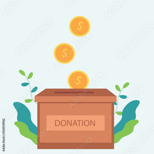 Donation box charity to the poor and needy people. Gold coins pouring into the donation box  Vector illustration