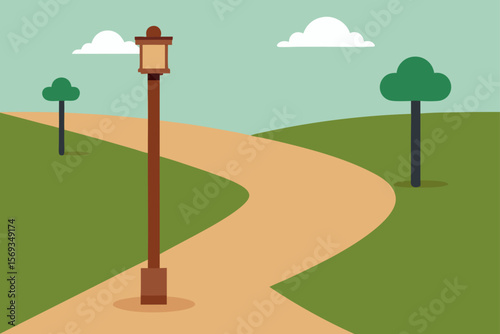 Straight Dirt Path Through A Park Wooden Lamp Posts