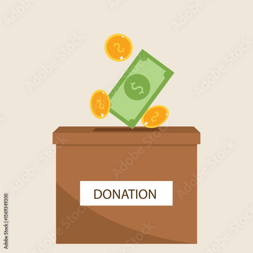 Donation box charity to the poor and needy people.Paper money and gold coins pouring into the donation box  Vector illustration