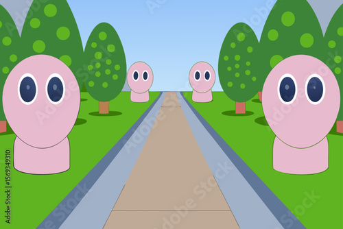 Smooth Paved Trail Lined With Modern Sculptures In A Park